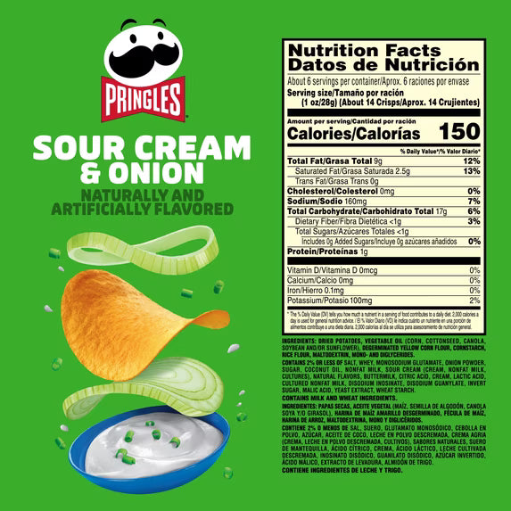 Pringles Sour Cream and Onion Potato Crisps Chips, Lunch Snacks, 5.5 oz Canister