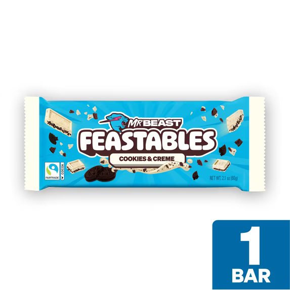 Feastables Mr Beast Cookies and Creme White Chocolate Bar, 2.1 oz (60g), 1 Bar