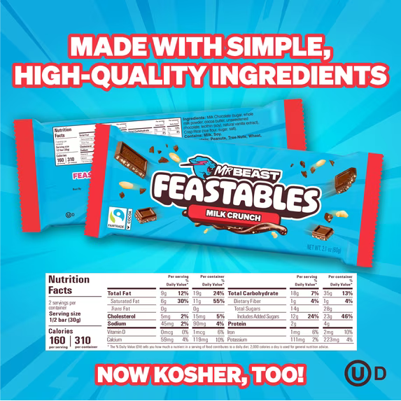 Feastables MrBeast Milk Chocolate Bar, 1.24 oz (35g), 5 Count