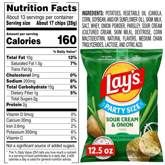 Lay's Sour Cream & Onion Flavored Potato Chips, Party Size, 12.5 oz Bag