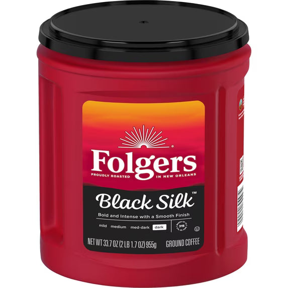 Folgers Black Silk Ground Coffee, Smooth Dark Roast Coffee, 33.7oz Canister